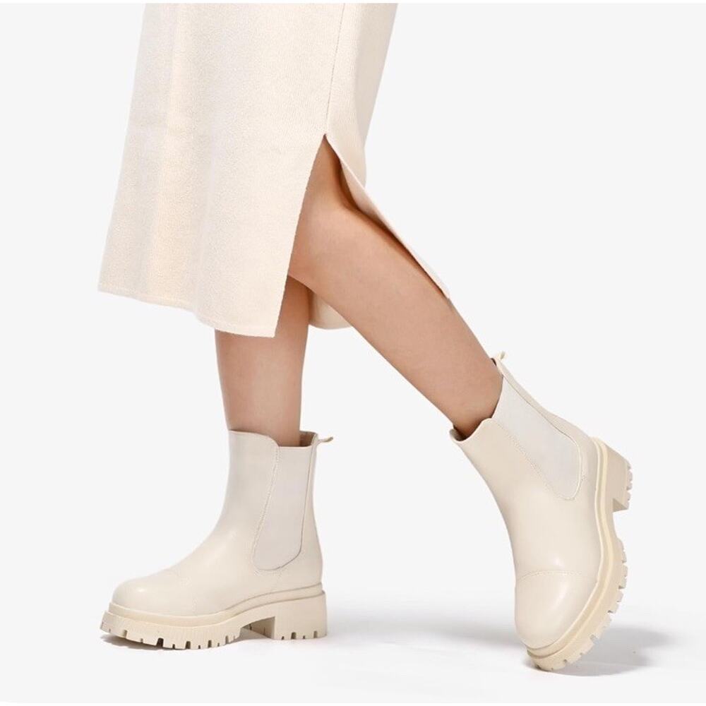 Bacia Chelsea Ankle Boots Women Lug Sole Chunky Heel Slip On Booties Beige White - Picture 2 of 7
